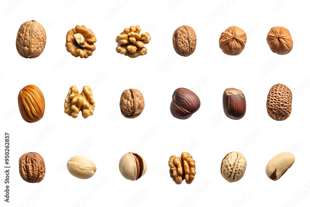 A variety of nuts displayed from a top view on a transparent background, showing different types and forms.. A variety of nuts displayed from a top view on a transparent background, showing different types and forms..