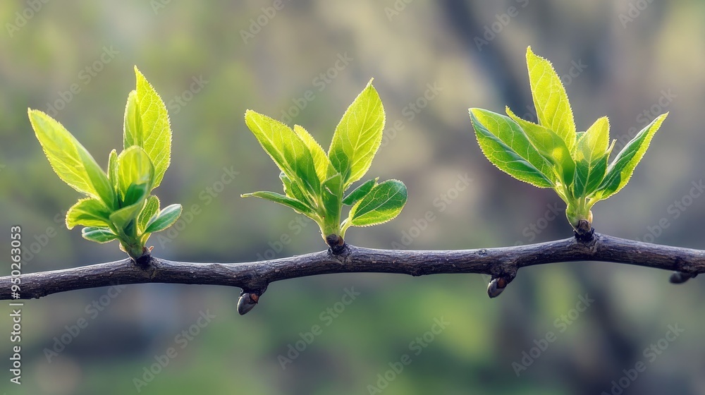 Fresh green leaves budding on tree branches Fresh green leaves budding on tree branches