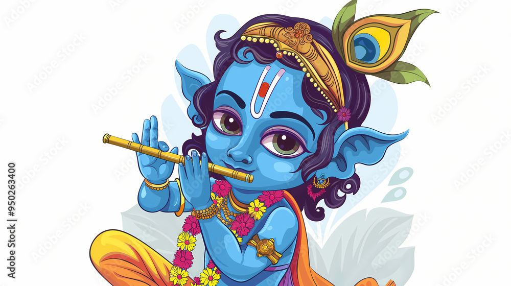 Cute little baby Krishna playing flute, simple design. Cartoon character Hindu god Lord Krishna isolated on white background. Indian religious festival. Krishna Janmashtami, Govardhan Puja. Cute little baby Krishna playing flute, simple design. Cartoon character Hindu god Lord Krishna isolated on white background. Indian religious festival. Krishna Janmashtami, Govardhan Puja.