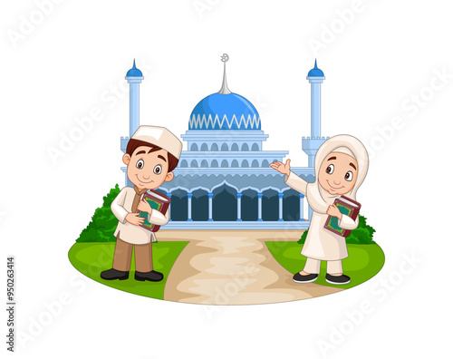 Happy cartoon Muslim kids in front of mosque