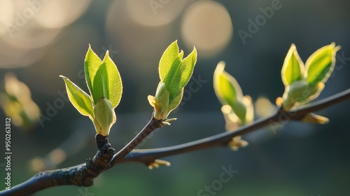 Fresh green leaves budding on tree branches