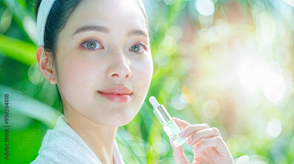 Beautiful Young Asian Woman Holding Cosmetic Serum Bottle with Green Nature Background - Skincare