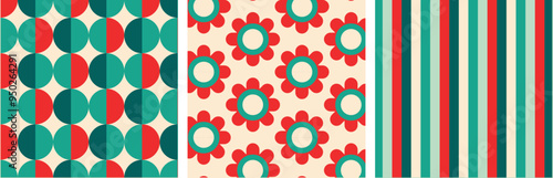 Christmas Retro Patterns Bundle Set in Green, Turquoise Pink, Red and Beige, xmas vector pattern design, 60s and 70s retro aesthetic style