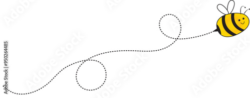 bumble-bee with dash line. cute honey bee. bee vector icon, honey bee vector illustration. flying bee route. flying bee line path. bee on dotted route.