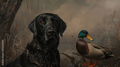 Black Labrador Retriever and a Mallard Duck