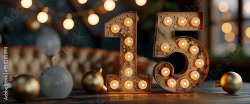 Illuminated Number 15 with Christmas Ornaments and Festive Lights