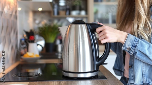 A woman filling a modern electric kettle in a kitchen preparing for breakfast and tea