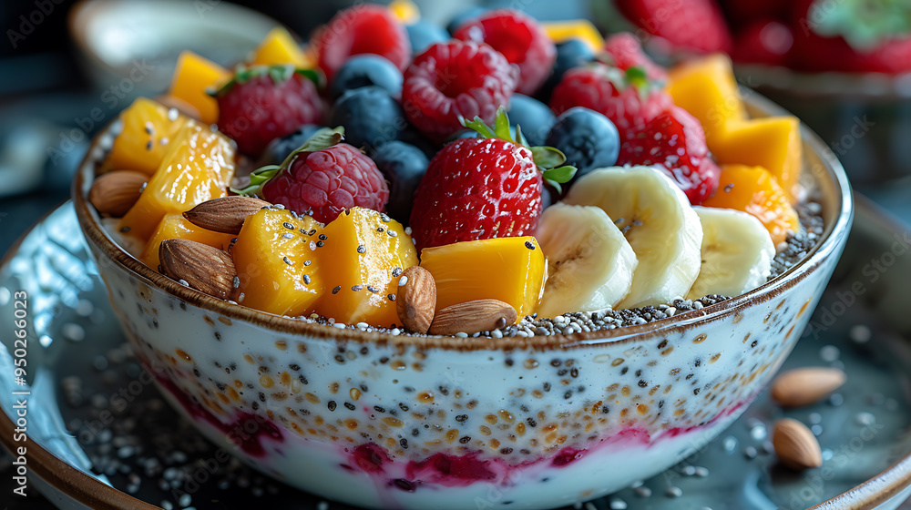 Chia pudding topped with fresh fruits and nuts Chia pudding topped with fresh fruits and nuts