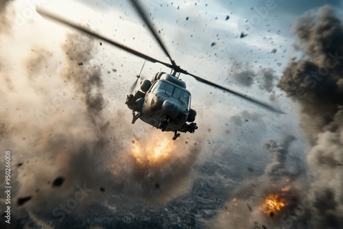 A helicopter is seen flying through a battlefield, with explosions lighting up the sky, embodying the drama and kinetic energy of a military engagement in progress. photo