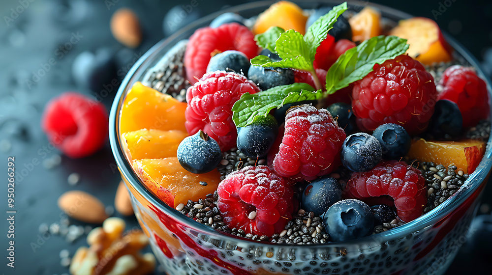 Chia pudding topped with fresh fruits and nuts Chia pudding topped with fresh fruits and nuts