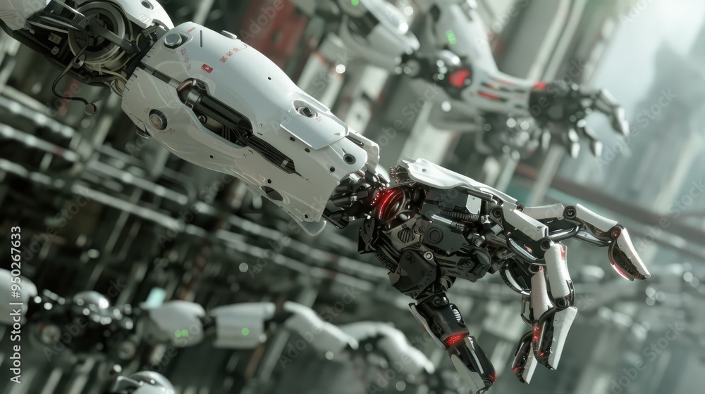 Futuristic robot parts assembling themselves in mid-air Futuristic robot parts assembling themselves in mid-air