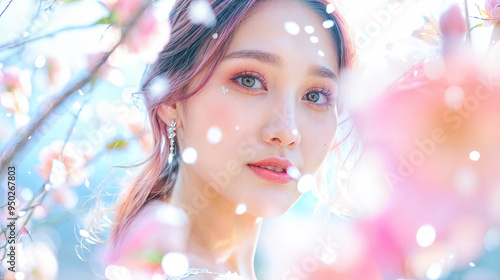 Beautiful woman pink flowers spring beauty portrait nature floral fashion makeup romantic dreamy feminine elegance love blossom