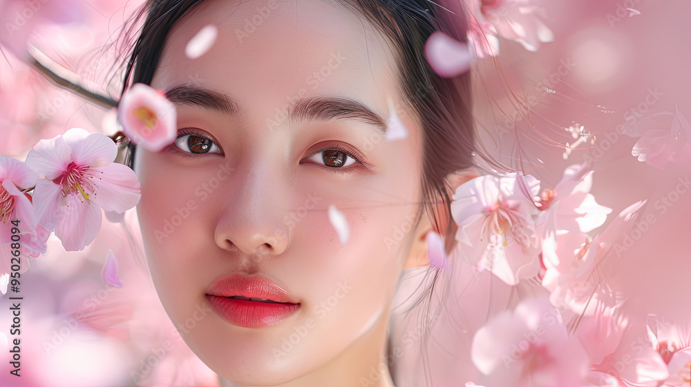 Beautiful Asian Woman with Flawless Skin Surrounded by Delicate Pink Cherry Blossoms in Springtime - Beauty, Skincare, and Natural Cosmetics Concept Beautiful Asian Woman with Flawless Skin Surrounded by Delicate Pink Cherry Blossoms in Springtime - Beauty, Skincare, and Natural Cosmetics Concept