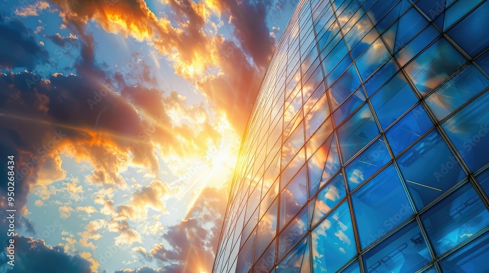 Futuristic skyscraper with curved glass walls reflecting the sunset Futuristic skyscraper with curved glass walls reflecting the sunset