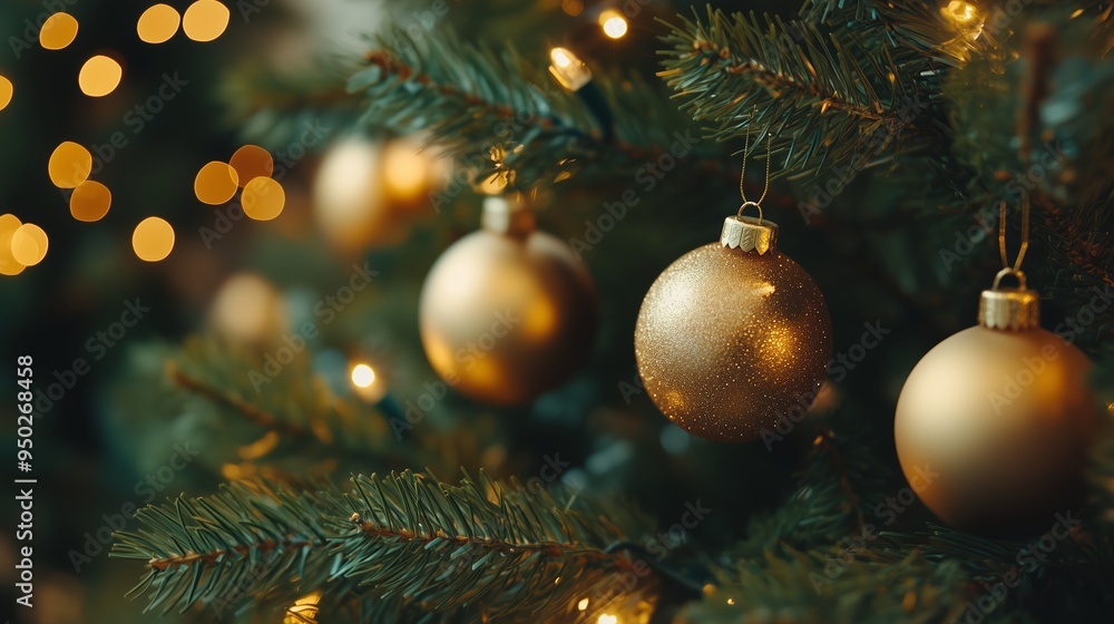 Golden ornaments hang beautifully on a Christmas tree adorned with sparkling lights during the festive holiday season Golden ornaments hang beautifully on a Christmas tree adorned with sparkling lights during the festive holiday season