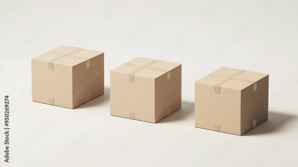 Fototapeta premium Three cardboard boxes sealed with tape standing in a row on white background