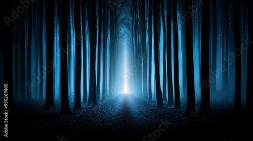 A misty forest with straight tall trees and glowing light creates an enchanting atmosphere. deep blue hues evoke sense of mystery and calm.