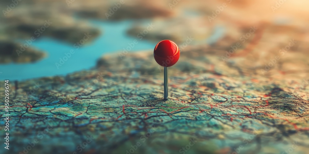 A red push pin on a map. A red push pin on a map.