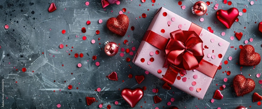 Romantic Gift Box with Hearts and Confetti on Grey Background Romantic Gift Box with Hearts and Confetti on Grey Background