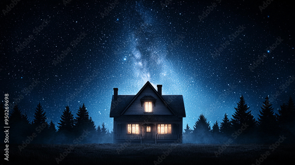 Fototapeta premium A softly lit old mansion stands under starry night sky, exuding warmth and tranquility.