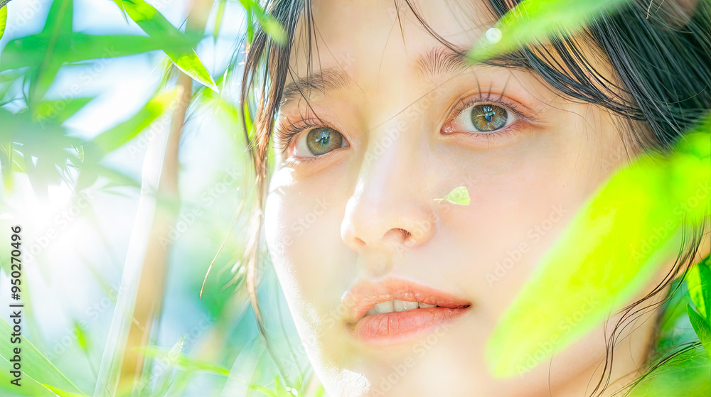 Fototapeta premium Beautiful Asian Woman with Clear Skin Surrounded by Lush Green Leaves Enjoying Sunlight