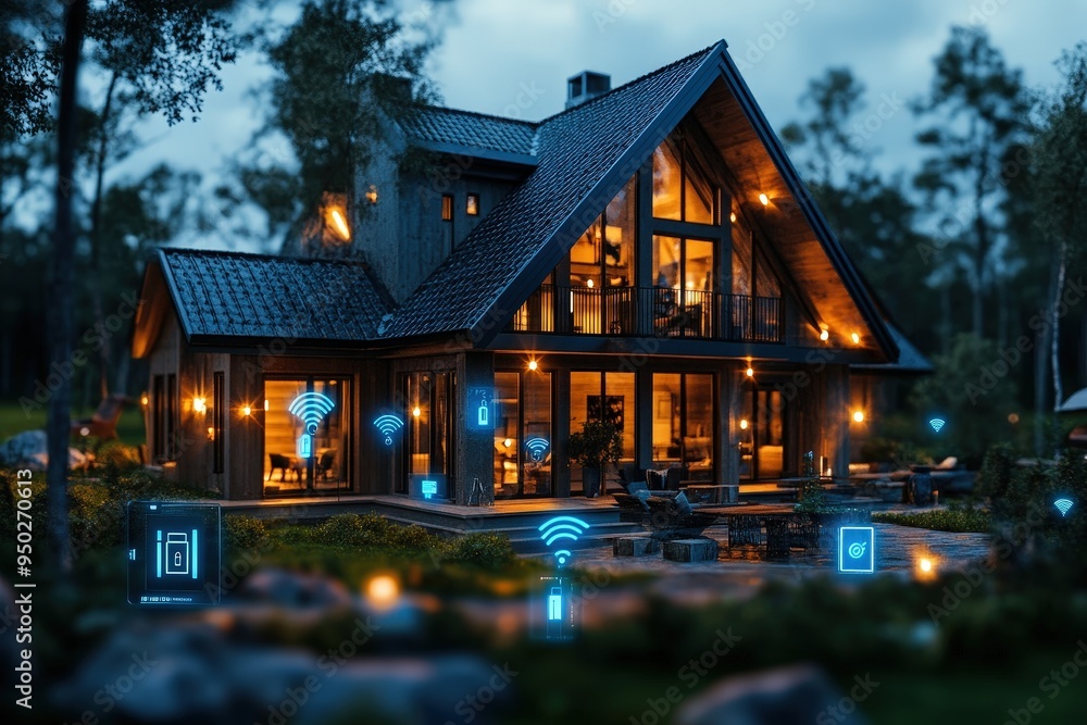 A rustic smart cabin nestled in a serene forest with warm, illuminated windows and state-of-the-art automation system, blending modern comfort with nature's tranquillity. A rustic smart cabin nestled in a serene forest with warm, illuminated windows and state-of-the-art automation system, blending modern comfort with nature's tranquillity.