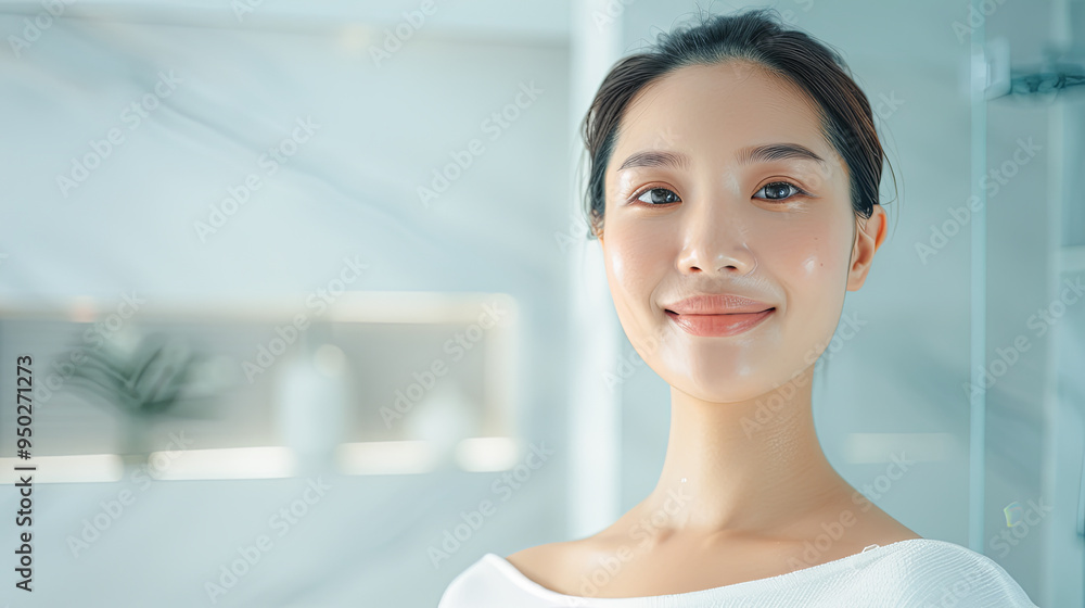 Beautiful Asian Woman with Glowing Skin Smiles in Modern Bathroom - Skincare, Wellness, Beauty Routine Concept. Beautiful Asian Woman with Glowing Skin Smiles in Modern Bathroom - Skincare, Wellness, Beauty Routine Concept.