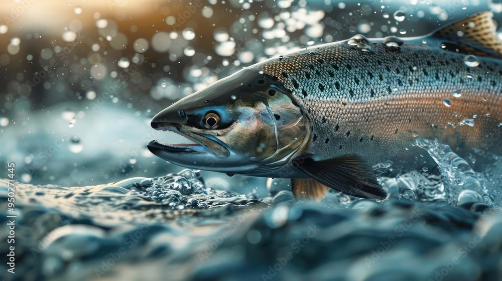 A salmon leaps from the water after catching a fish. A salmon leaps from the water after catching a fish.