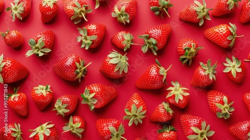 Fresh strawberries scattered across a vibrant red background in minimalistic style. Bright red strawberries with green leaves create visually appealing and appetizing pattern, healthy eating, summer. photo