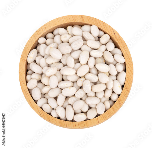 Organic White Beans in wooden bowl , top view.