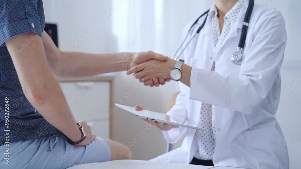 Doctor is shaking hands with a patient while holding a digital tablet in the other hand. Medicine concept Doctor is shaking hands with a patient while holding a digital tablet in the other hand. Medicine concept