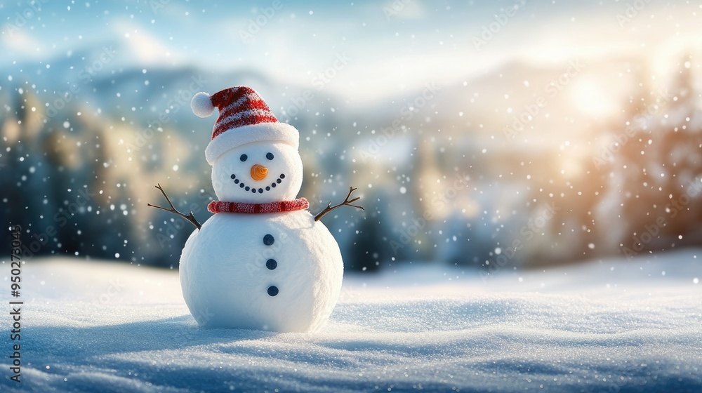 Obraz premium Happy snowman standing in christmas landscape. Snow background with copy space