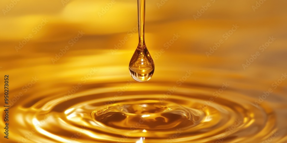 A golden teardrop of liquid in a pool of golden liquid.