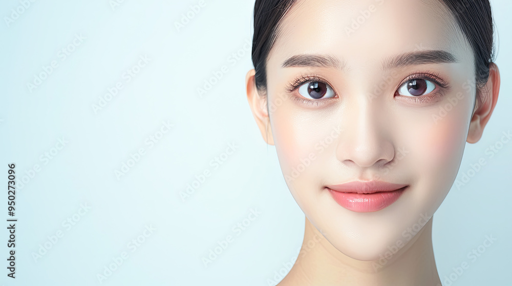 Beautiful Asian Woman with Clean Skin Smiling on Blue Background - Skincare, Beauty, and Wellness Concept. Beautiful Asian Woman with Clean Skin Smiling on Blue Background - Skincare, Beauty, and Wellness Concept.