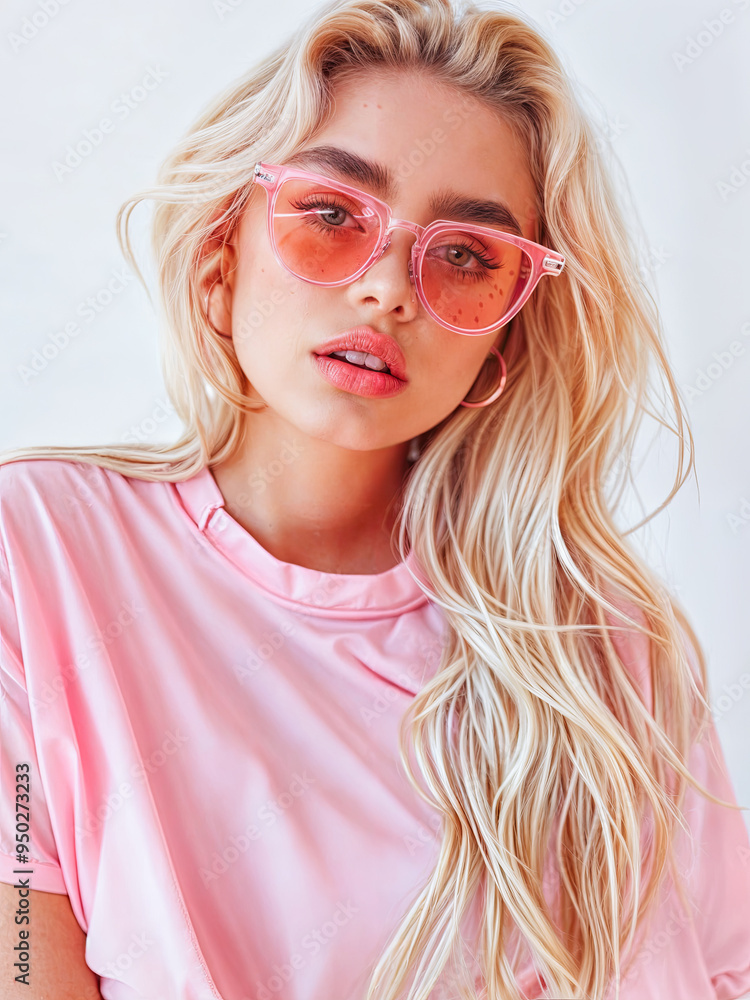 Beautiful Blonde Woman with Long Hair Wearing Pink Sunglasses and a Pink Shirt Posing for a Fashion Portrait Beautiful Blonde Woman with Long Hair Wearing Pink Sunglasses and a Pink Shirt Posing for a Fashion Portrait