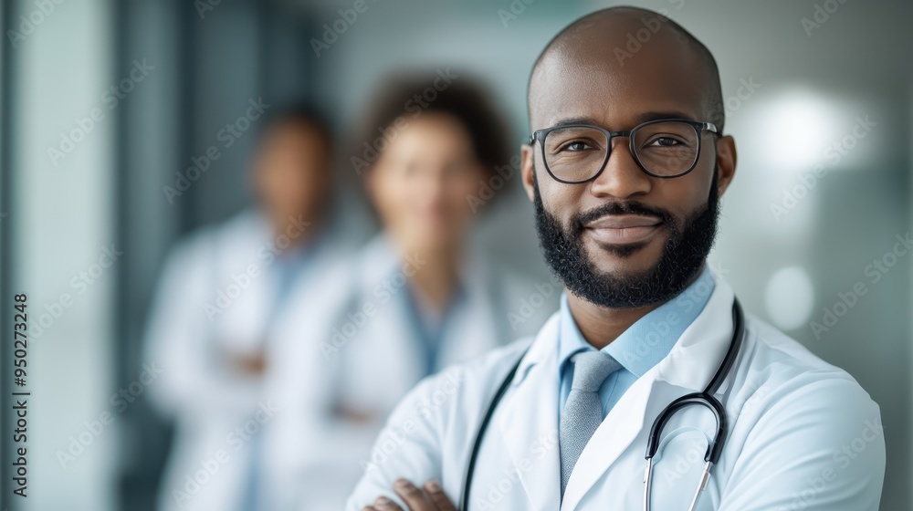 A confident doctor with folded arms, wearing glasses and a stethoscope, stands in focus in front of blurred colleagues, depicting professionalism and teamwork. A confident doctor with folded arms, wearing glasses and a stethoscope, stands in focus in front of blurred colleagues, depicting professionalism and teamwork.