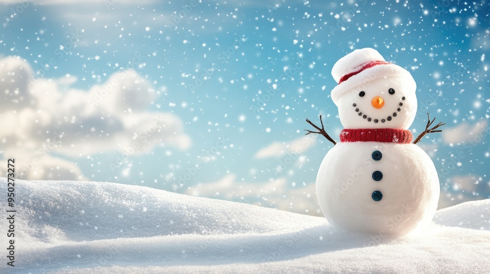 Obraz premium Happy snowman standing in christmas landscape. Snow background with copy space