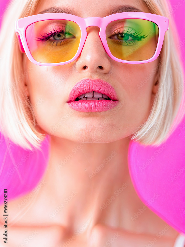 Beautiful Woman With Blonde Hair Wearing Pink Sunglasses With Yellow Lenses and Pink Lipstick Posing on Pink Background Looking At Camera Fashion Beauty Portrait Close Up Studio Shot Beautiful Woman With Blonde Hair Wearing Pink Sunglasses With Yellow Lenses and Pink Lipstick Posing on Pink Background Looking At Camera Fashion Beauty Portrait Close Up Studio Shot