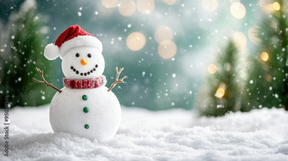 Obraz premium Happy snowman standing in christmas landscape. Snow background with copy space