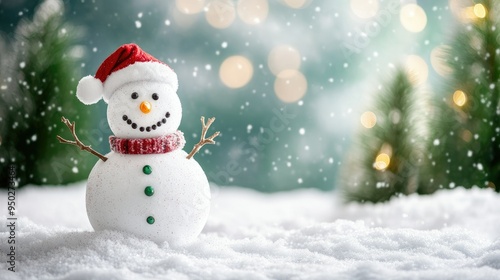 Happy snowman standing in christmas landscape. Snow background with copy space