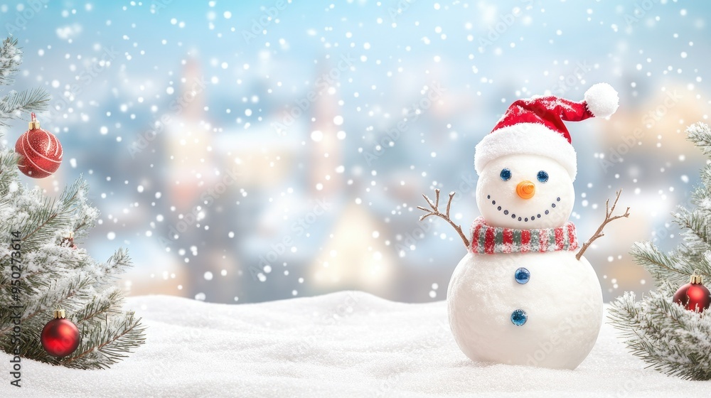 Obraz premium Happy snowman standing in christmas landscape. Snow background with copy space