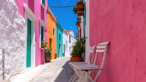 A picturesque narrow street is adorned with vibrant, colorful buildings in pink, orange, and white, featuring quaint white chairs and potted plants, capturing a lively scene.