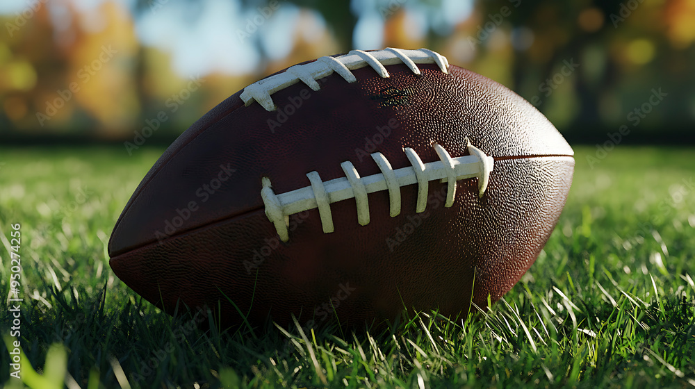 Obraz premium Iconic American Football Gleaming Against Green Field.