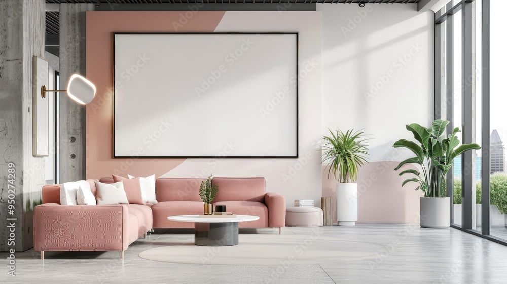Large blank frame in a minimalist office with sleek furniture Large blank frame in a minimalist office with sleek furniture