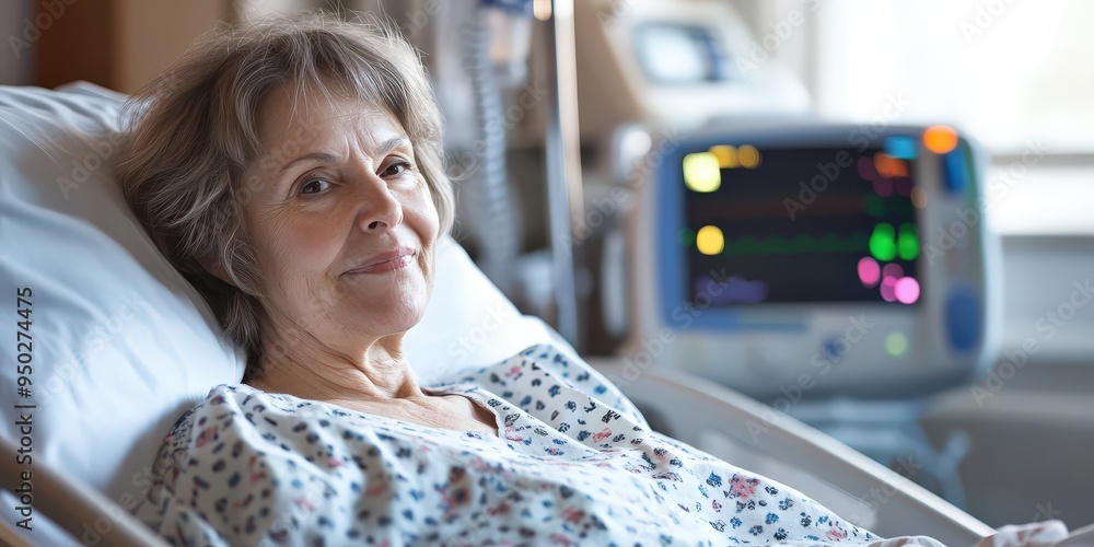A woman in a hospital bed, smiling. There is a medical monitor in the background.