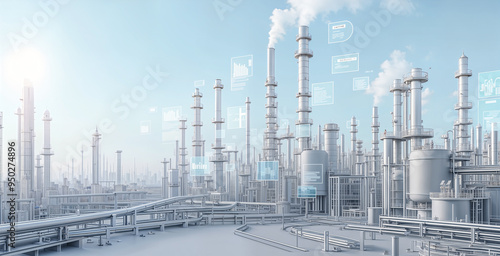 Smart Factory & Industrial Innovation. Futuristic Industrial Complex with Data Visualizations, Showcasing Automation and Industry 4.0 Technologies.