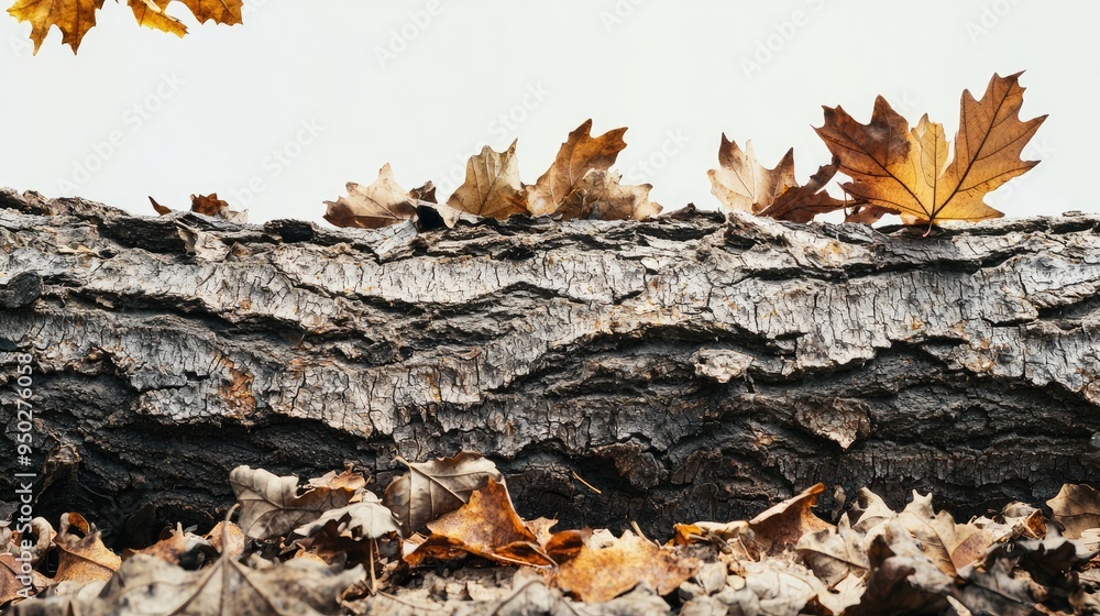 Tree trunk above, some fallen leaves below, leaves on top of branch, white background, high texture, natural movie light, 8k Tree trunk above, some fallen leaves below, leaves on top of branch, white background, high texture, natural movie light, 8k