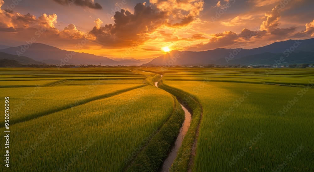 Stunning Aerial View of a Rice Field at Sunset with Flowing Stream and Distant Mountains, Highlighting the Lush Green Paddy Plants and Natural Harmony Stunning Aerial View of a Rice Field at Sunset with Flowing Stream and Distant Mountains, Highlighting the Lush Green Paddy Plants and Natural Harmony