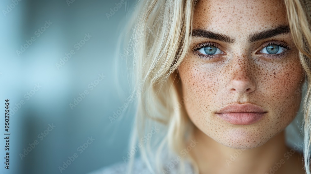A close-up portrait of a woman with blonde hair and prominent freckles, gazing intently into the camera with captivating blue eyes, showcasing natural beauty and intensity. A close-up portrait of a woman with blonde hair and prominent freckles, gazing intently into the camera with captivating blue eyes, showcasing natural beauty and intensity.