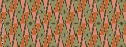 50s Mid Century Modern Seamless Pattern, Vibrant Mid-Century Modern Pattern with Repeating Geometric Shapes in Orange, Olive Green, and Pink, Featuring Starburst Accents, for Retro-Inspired Design